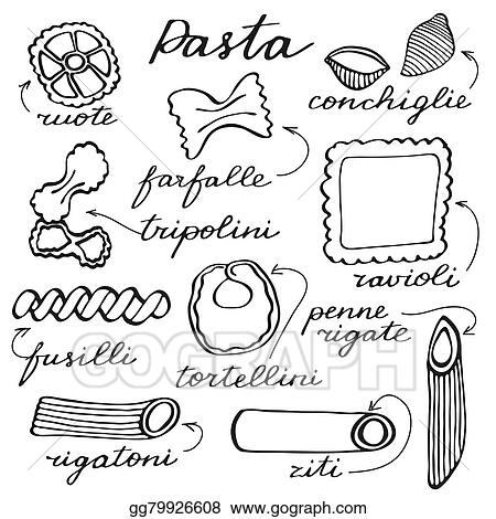 Illustration vectorielle - Pâtes, set., hand-drawn, dessin animé, genres,  de, pâtes., griffonnage, drawing. Clipart EPS gg79926608 - GoGraph